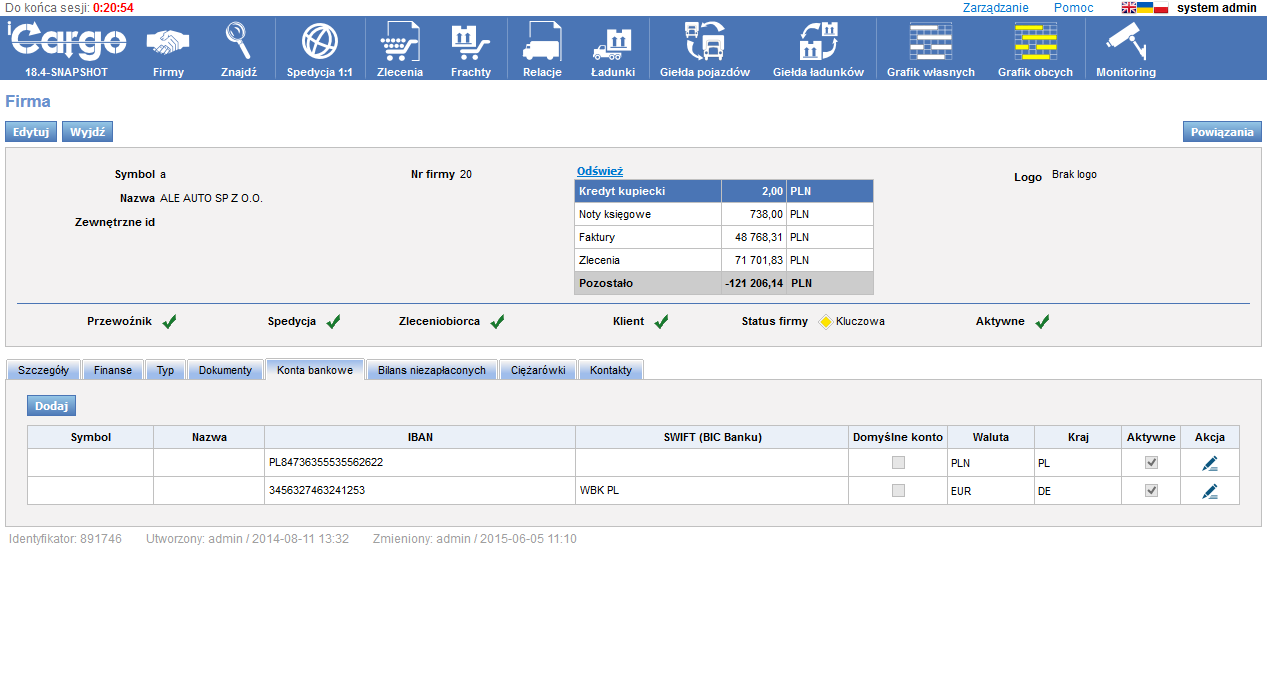 Stan Promocyjnego Konta Transmisji Danych To Obytes Co To Znaczy iCargo | 10_Edycja_danych_firmy_Konta_bankowe